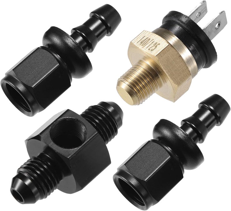 VekAuto Coolant Hose Thermostat Switch Kit, 4AN 140'F on - 125'F Off Transmission Cooler Sensor Fan Oil Cooler Radiator Electric Switch Fitting Universal for Car Truck Metal Black - Image 1